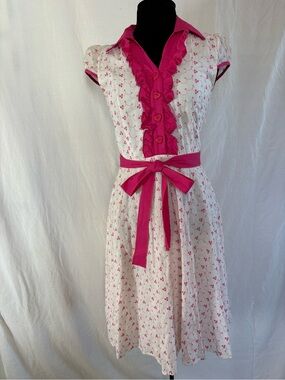 Vintage Inspired Pink White Fit & Flare Pinup Retro Coquette Cottagecore Ruffle